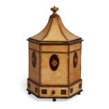 A late Regency satin birch hexagonal pagoda tea caddy, spoon drawer to base, 26cm high Provenance: