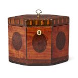 A George III satinwood hexagonal tea caddy, each side inlaid with burr yew oval, single lid with