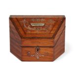A French satinwood and cut-steel slope-front lidded 'Envelopes' box, 19th century, trapezoid