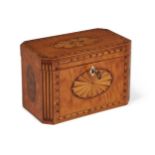 A George III inlaid satinwood oblong two-division tea caddy, with chamfered inlaid corners and fan