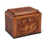 A rare George III inlaid satinwood three-division tea caddy, early 19th century, decorated with an