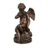 A French patinated bronze figure of seated cupid, in contemplation, signed and with foundry stamp H.