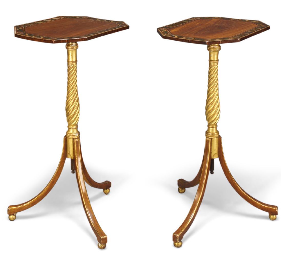 A pair of Regency parcel gilt and painted satinwood occasional tables/pole screens, the octagonal