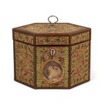 A George III paperscroll hexagonal tea caddy, the front inset with a painted female portrait