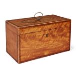 A George III satinwood and inlaid three-division tea caddy, the top inlaid with large oval shell and