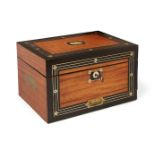 A Regency satinwood ebonised and brass strung travelling toilet box, the mother of pearl inlaid