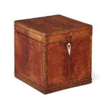 A George III satinwood cube-shape tea caddy, oval inlaid canister to interior, ivory escutcheon,