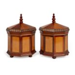 A pair of George III rosewood and satinwood octagonal boxes, baluster turned finial above domed