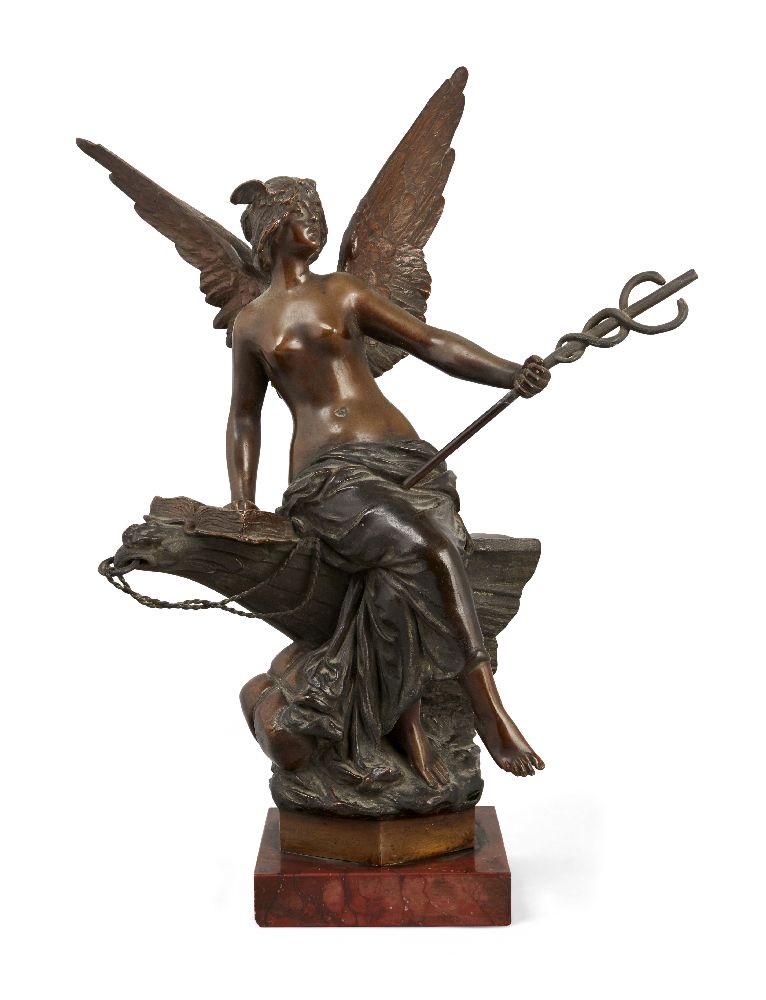 Oswald Schimmelphfennig, German, 1872-1944 Minerva Winged figure holding a caduceus and seated on
