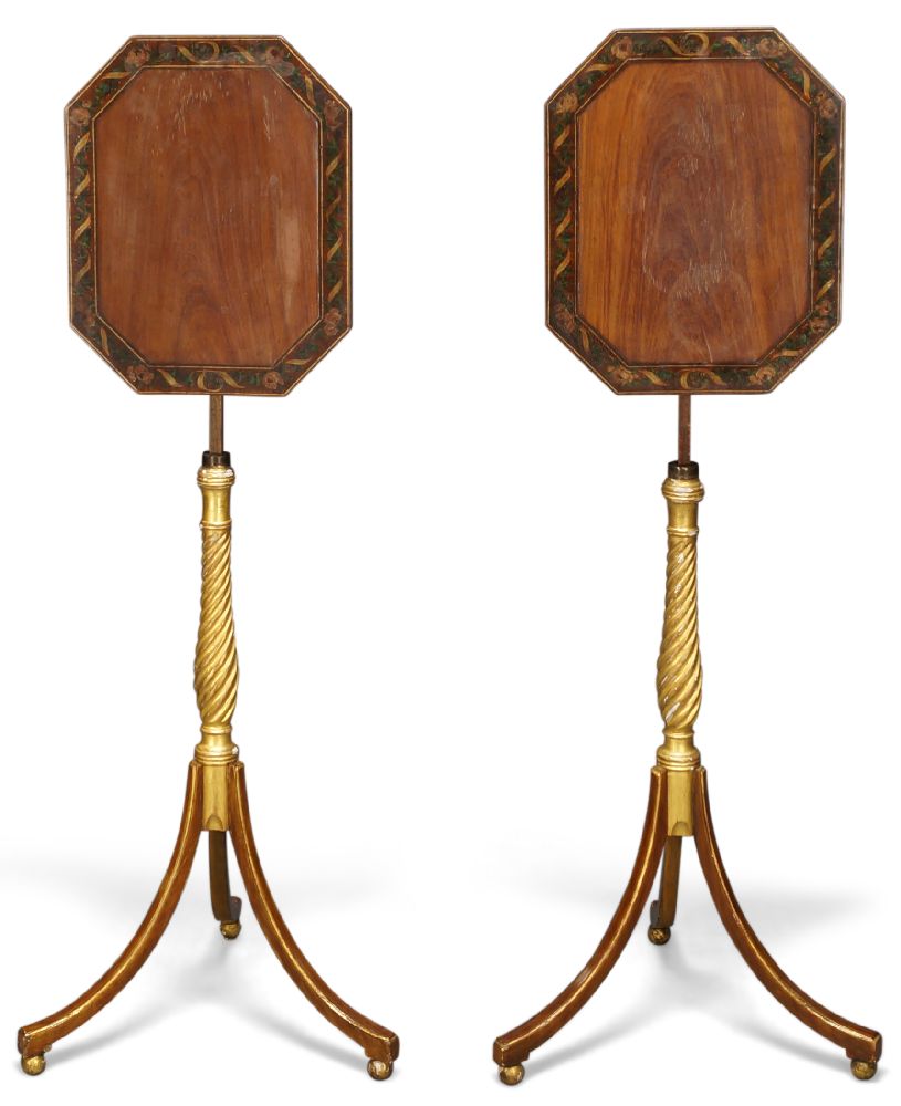 A pair of Regency parcel gilt and painted satinwood occasional tables/pole screens, the octagonal - Image 2 of 3