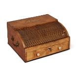 A George III satinwood inlaid tambour portable writing box, the top inlaid with oval shell, above