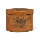 A George III painted satinwood oval tea caddy, the top decorated with birds in a nest, lidded