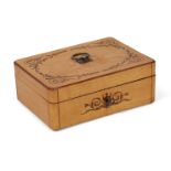 An inlaid sycamore oblong box, 19th century, with white metal ring handle and feet, 19cm