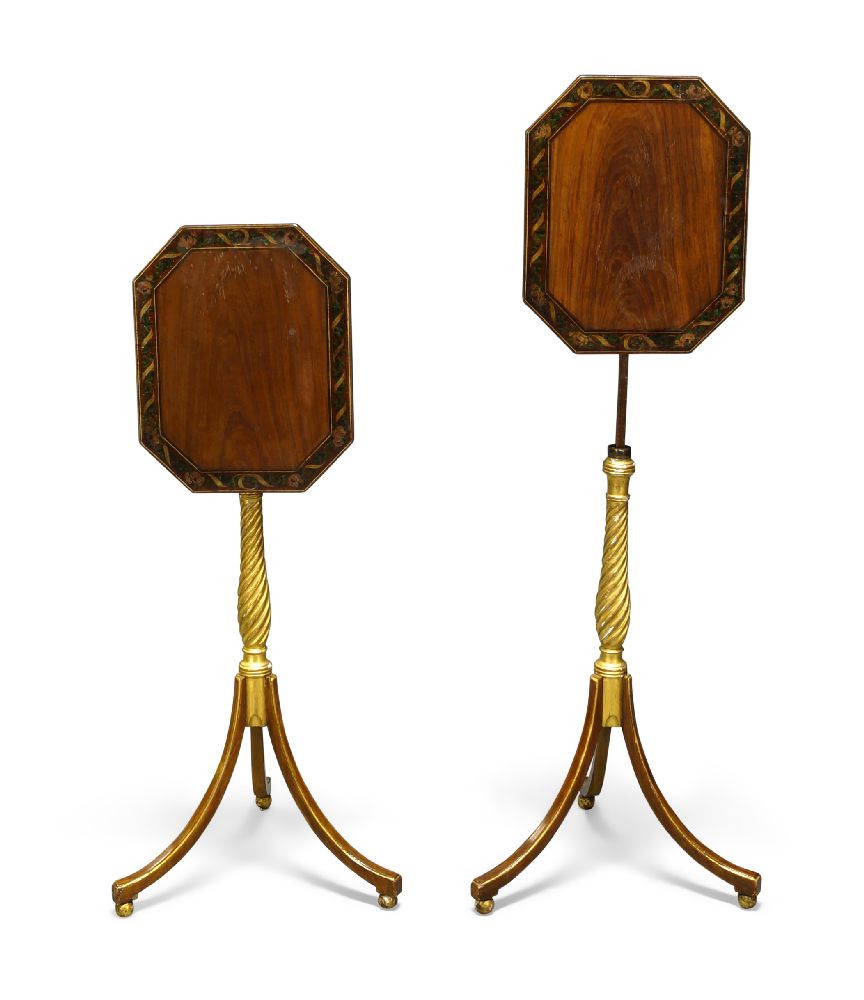 A pair of Regency parcel gilt and painted satinwood occasional tables/pole screens, the octagonal - Image 3 of 3