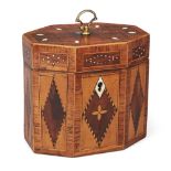 A George III satinwood and walnut inlaid octagonal tea caddy, the top with brass handle and bone