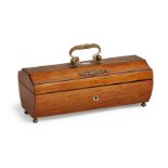 A French satinwood sarcophagus sewing necessaire, 19th century, the lid with gilt metal mounts and