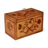 A George III satinwood inlaid oblong two-division tea caddy, with silver loop handle, inlaid overall