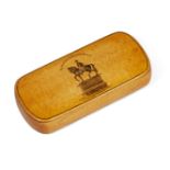 A Mauchline ware satinwood snuff box, early 19th century, decorated with William III on horseback