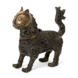 A bronze incense burner in the form of a lion, 20th century, standing on straight front legs and