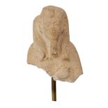 A yellow quartzite upper section of a shabti of Akhenaten clutching an ankh hieroglyph in the