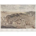 Two large reproduction prints of a coloured engraving by Nicolas Louis de Lespinasse, VUE DE LA