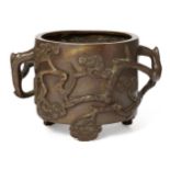 A Chinese bronze 'Three Friends of Winter' censer, 18th/ 19thcentury, cast in relief with bamboo,