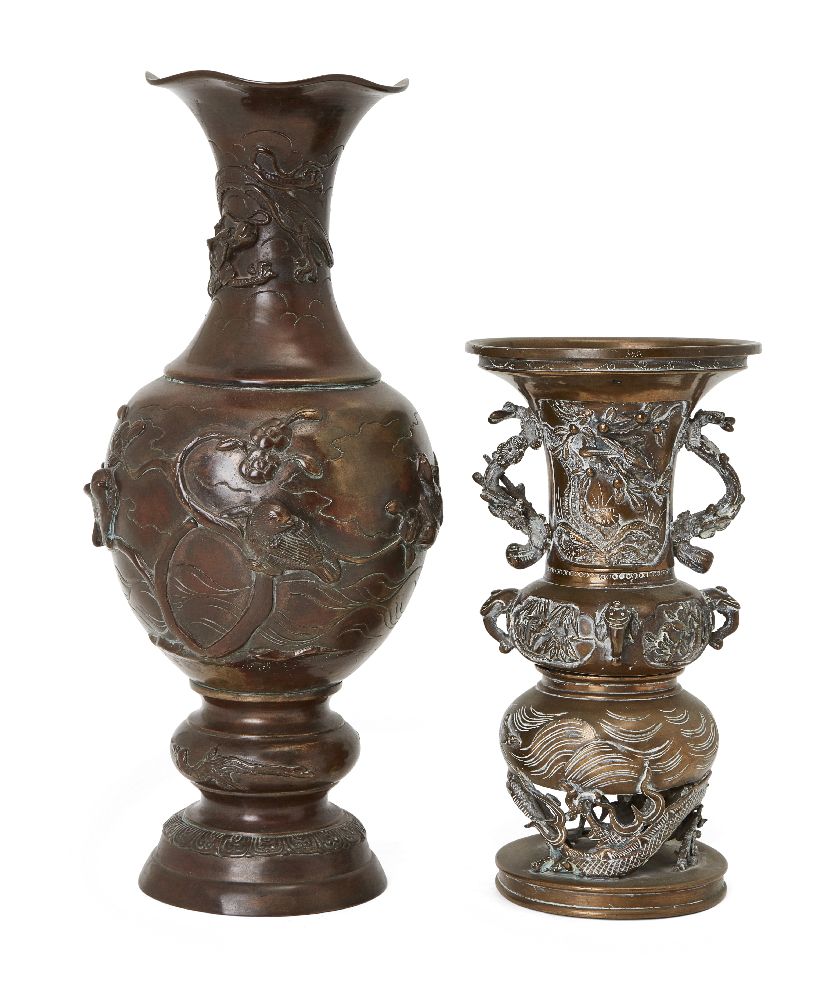 Two Japanese bronze vases, Meiji period, one of baluster form with scalloped lip, body decorated