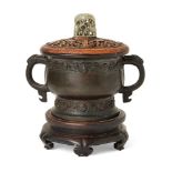 A Chinese archaistic bronze censer, gui, Ming dynasty, cast with a band of mythical animal-heads