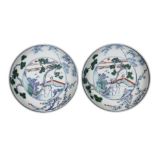 A pair of Chinese doucai porcelain dishes, 18th century, each painted to the interior with a central