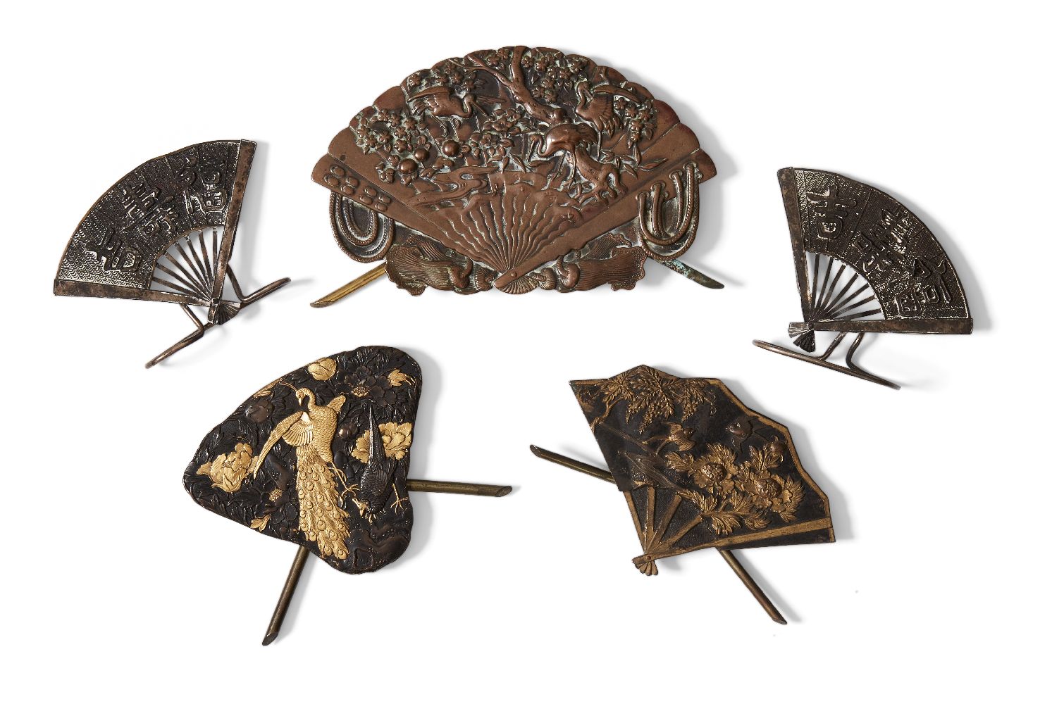 A small group of Japanese mixed metal menu holders, 19th century, to include a panel intricately