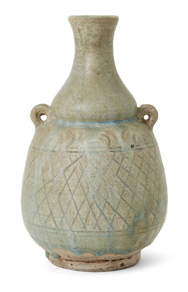 A Thai Sawankhalok pottery flask, 15th/16th century, with two lug handles and incised hatched