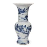 A Chinese porcelain 'phoenix-tail' vase, 18th century, painted in underglaze blue with scholars in a