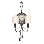 A painted brass twin branch wall light, 20th Century, the circular inlaid design set with central