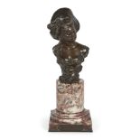 George Van der Straeten, Belgian, 1856-1928, a bronze bust of a lady wearing a hat, ‘Bettina’, on