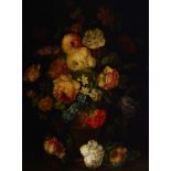 A pair of reverse glass mezzotints, 20th century, depicting vases of flowers, 49 x 38cm (2) Please