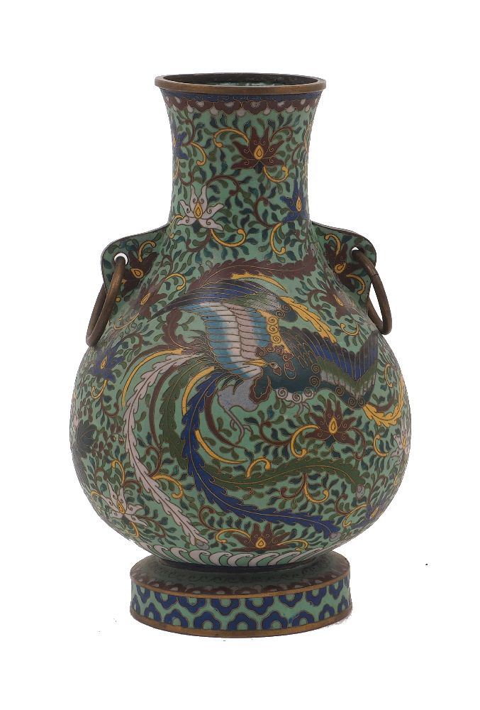 A Japanese cloisonné vase of hu form, 20th century, decorated with two exotic birds amidst flowering