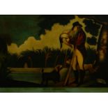 A framed reverse-glass painting of a hunting scene, 19th Century, after an original mezzotint by