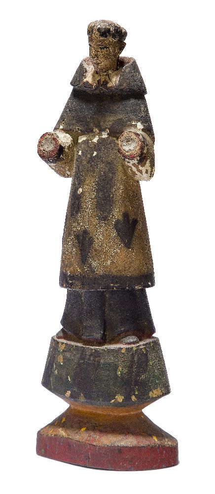 A carved wood polychrome santos of San Ramon Nonato, early 19th century, the figure on a waisted