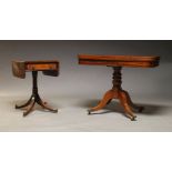 A mahogany card table, 20th Century, the fold over top enclosing green baize lined playing