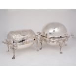 Two electroplated breakfast dishes with revolving lids; one of circular form by John Round & Son,