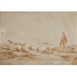 Eugene Joseph Verboeckhoven, Belgian 1798-1881- Sheep drover in a landscape; brush and brown ink