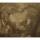 Circle of William Ward ARA, British 1762-1826- Milkmaid with a cow in woodland; stipple engraving,