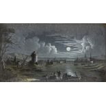 Attributed to Charles Claude Delaye, French 1793-1848- Moonlit river scene with windmill; oil on