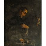 Spanish Provincial School, mid-late 19th century- Penitent King in front of a Crucifix; oil on