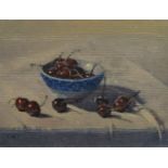 Colin Willey, British b.1972- Bowl of cherries; oil on board, signed with initials, 20x25cm (ARR)