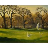 British School, late 20th/early 21st century- Seagulls in a park; oil on board, 15.5x18.5cm: