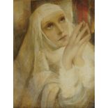 Ines Taxis, British, 20th century- Nun Praying; watercolour, gouache and pastel, signed lower