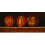 Robert McKellar, British 1945-2009- Still life with apples; oil on panel, signed, 12x24.5cm (ARR)