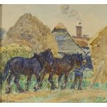 Alice Des Clayes, Scottish 1891-1968- A scene of two plough horses; watercolour and pencil on paper,