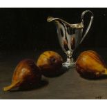 Madeleine Fenton, British, late 20th/early 21st century- Still Life with figs and cream jug; oil